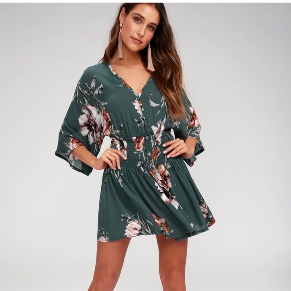 Lulus In My Bloom Washed Teal Floral Print Skort Dress Romper XL